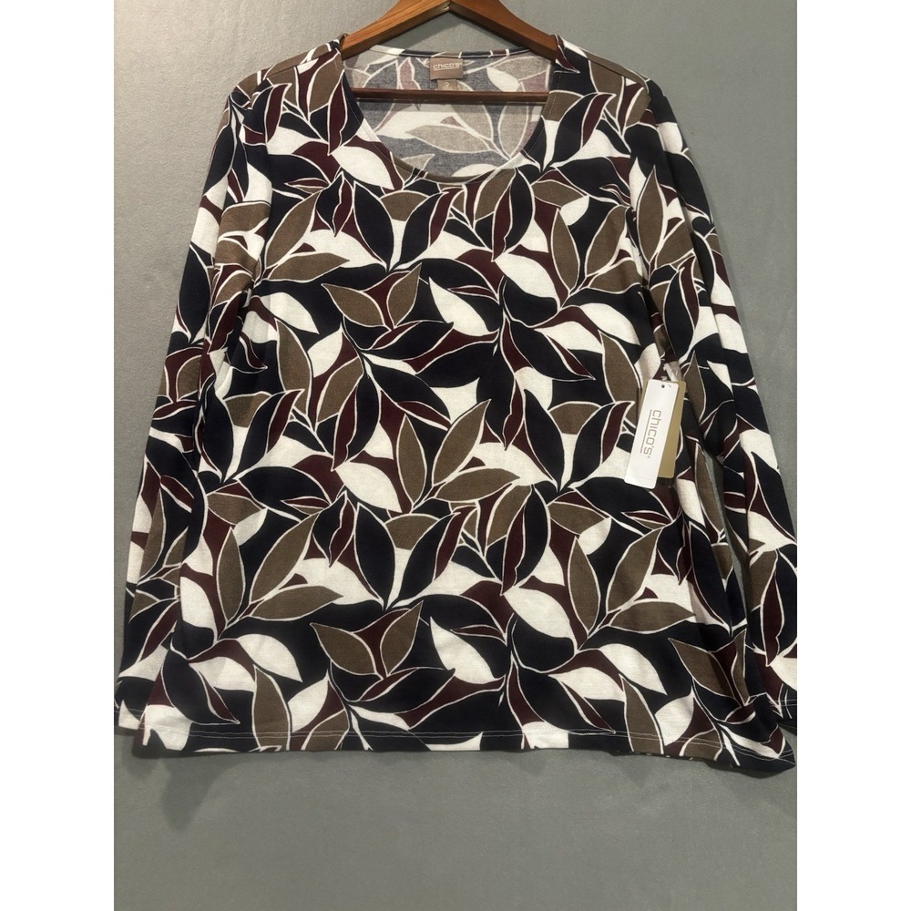 NEW Chico's Blouse Foliage Printed Top Size 2 Lg Pullover Top Knit Soft Blend